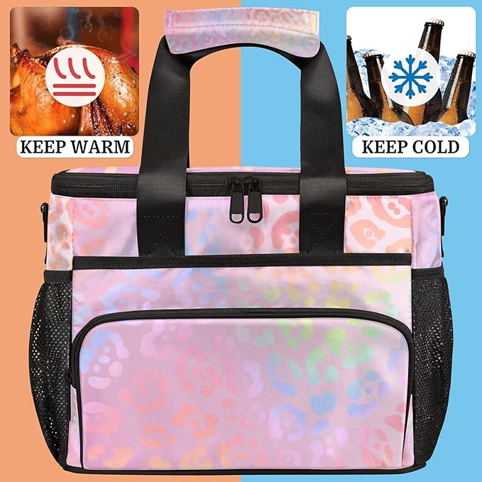 Soft Cooler Bag Colorful Leopard Print Insulated Lunch Box for Men & Women, Large Leakproof Lunch Bag Portable Beach Cooler for Work, Picnic, Road Trips,Fishing, Travel, Camping