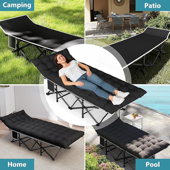 Folding Camping Cot for Adults - Heavy Duty Sleeping Cots with Carry Bag, Double Layer Oxford Portable Travel Camp Cots for Outdoor Camp Beach Home Office (Black Frame with Black Pad, 1PACK)