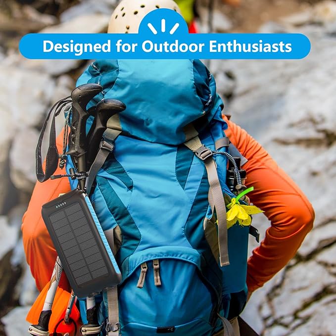 Solar Charger Power Bank 16000mAh Portable 15W Fast Charging Power Bank with QC3.0 USB-C & Dual USB-A Ports for Cell Phones, LED Flashlight, Carabiner, Waterproof Solar Panel for Camping, Outdoor