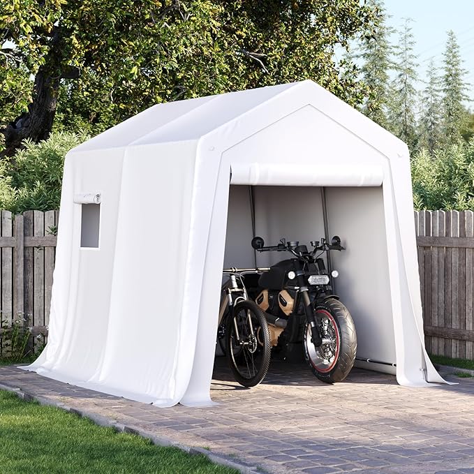 Aoxun 6x8x7 FT Outdoor Portable Storage Shed Tent with Roll-up Zipper Door and Window Portable Carport with Waterproof Tarp Galvanized Steel for Motorcycle, Generator, Bike Storage (White)