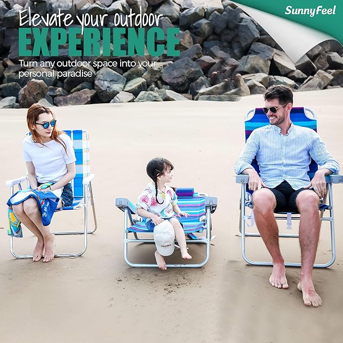 SUNNYFEEL Extra Wide 28" Low Beach Chair 5 Position Lay Flat, XL Oversized Portable Folding Camping Chairs with Cup Holder for Outdoor/Trip, Lightweight Foldable Backpack Beach Chair for Adults