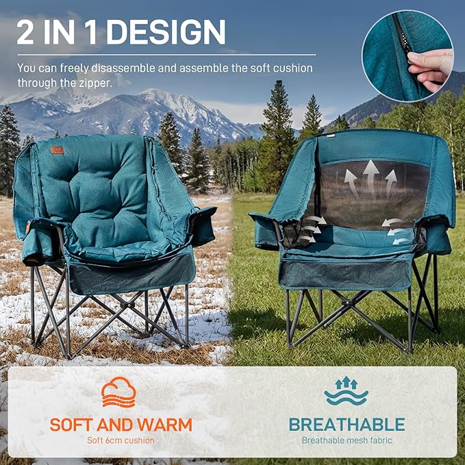 EVER ADVANCED XL Camping Chair with Detachable Cushion, Mesh Chair for Adults Foldable, Oversized Heavy Duty Folding Chair with Cooler Mesh Pocket Cupholder Outdoor Fishing, Supports 400LBS Green