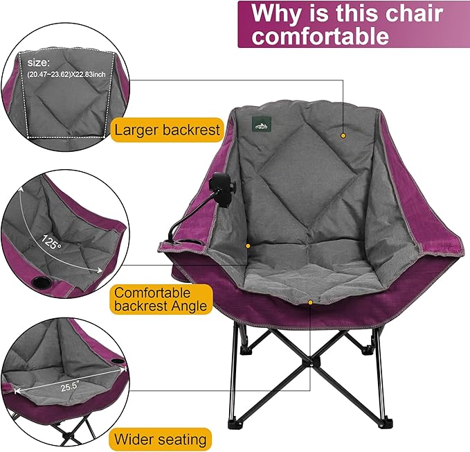 Northroad Oversized Foldable Camping Chair, Outdoor Padded Lawn Chair w/Cup Holder,Carry Bag for Beach, Hiking, and Picnics,Heavy-Duty 300-lbs Capacity, Purple