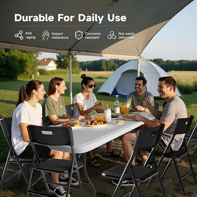 8FT Folding Table Set with 4 Chairs – Heavy-Duty 660 lb Table & 330 lb Chairs, Portable Folding Furniture Bundle for Camping, Parties, Indoor & Outdoor Use