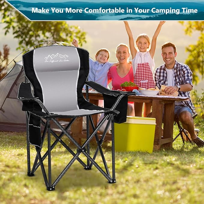 2PCS Folding Camping Chair, Heavy Duty Portable Lawn Chairs with Cooler Bag, Side Pocket & Cup Holder, Folding Chairs for Outside Support 450lbs Black