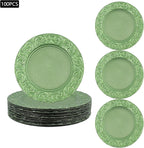 100 Pcs Green Charger Plates Bulk, 13" Antique Round Charger Plates Set, Plastic Embossed Decorative Chargers Floral Dinner Plate for Christmas Wedding Party Event Decor (Green)