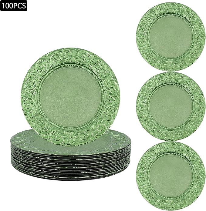 100 Pcs Green Charger Plates Bulk, 13" Antique Round Charger Plates Set, Plastic Embossed Decorative Chargers Floral Dinner Plate for Christmas Wedding Party Event Decor (Green)
