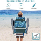 GYMAX Beach Chairs, Backpack Camping Chair with Armrest, Cooler Bag, Cup Holder, Towel Bar & Side Pockets, Sunbath Sling Tanning Lounge, Folding Layout Chair (4 Chairs Without Table, Blue Leaves)
