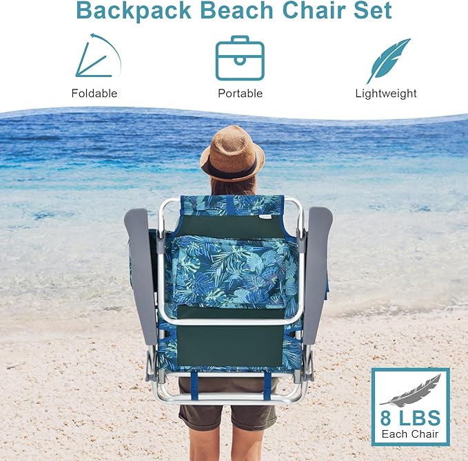 GYMAX Beach Chairs, Backpack Camping Chair with Armrest, Cooler Bag, Cup Holder, Towel Bar & Side Pockets, Sunbath Sling Tanning Lounge, Folding Layout Chair (Without Table, Blue Leaves)