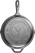 Lodge Pre-Seasoned Yellowstone Stamped Cast Iron Cookware - Signature Teardrop Handle - Use in the Oven, on the Stove, on the Grill, or Over a Campfire - 10.25 Inch Logo Skillet