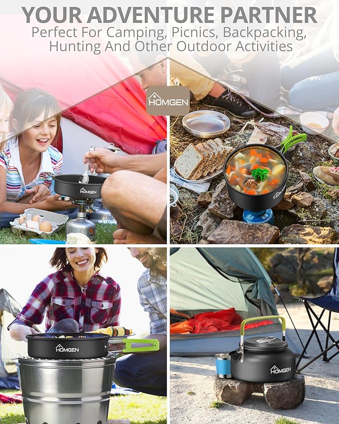 HOMGEN Ultralight Anodized Aluminum Camping Cookware Set for 2 People - Nesting Non Stick Pot/Pan with Foldable Handles Insulated Teapot & Stainless Cups - Compact Backpacking Gear for Camping/Hiking