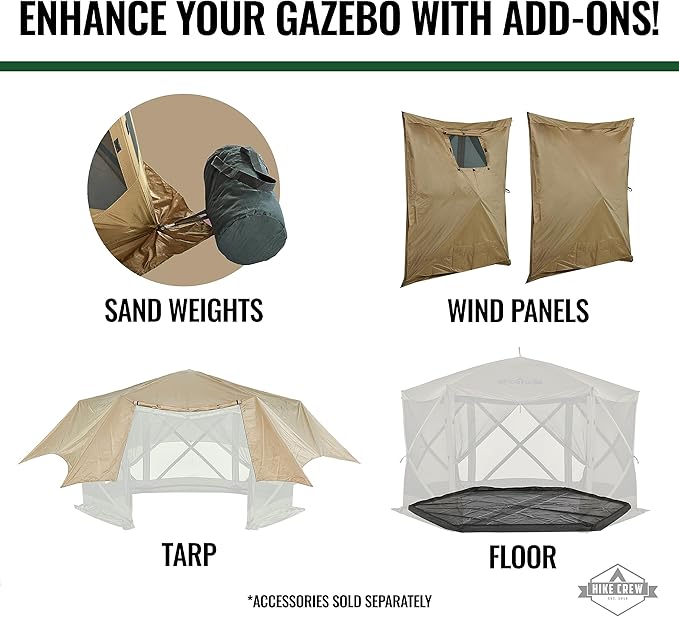 Hike Crew 12’ x 12’ Pop-Up Gazebo Screen Tent | Screened 6-Sided Instant Outdoor Canopy Shelter with Stakes, Ropes & Carry Bag for Camping, Sports & Picnic Table | UV Resistant SPF 50+