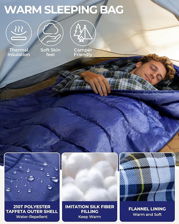 Sportneer Sleeping Bags for Adults, 0 Degree Sleeping Bag XL Flannel Winter Cold Weather Sleeping Bag with Detachable Hood Compression Sack for Camping, Backpacking, Hiking