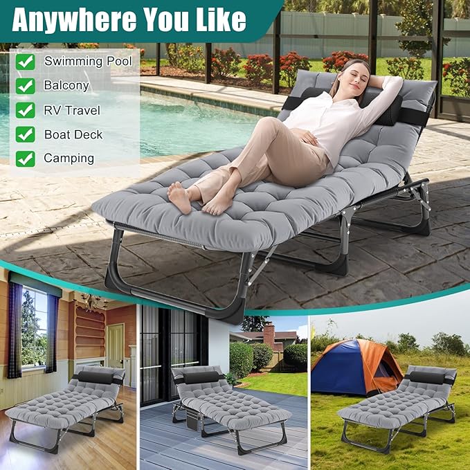 DoCred Folding Lounge Chair with Mattress, 5 Position Adjustable Folding Sleeping Bed Cot Chaise Lounge Chairs Perfect for Sunbathing, Camping, Pool, Beach, Patio