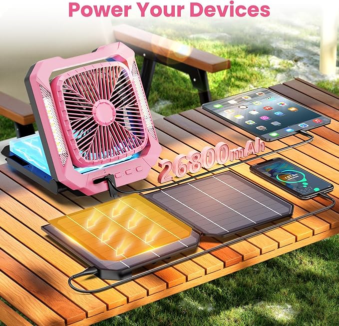 26800mAh Portable Fan Rechargeable with 18W Detachable Solar Panel, Quiet Battery Powered Camping Fan Cordless with LED Lantern,3 Speed,Timer,USB-C,for Bedroom Tent Home Office Desk Hurricane(Pink)