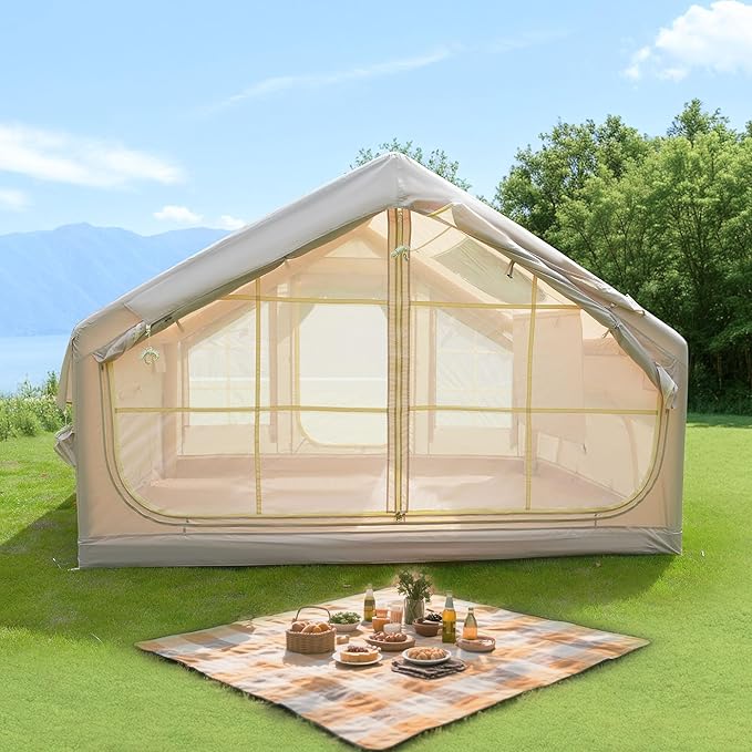 KEIKI Oxford Hot Tent for Camping, 2/3/4/6/8 Person Large Inflatable Tents w/Detachable Canopy, 4 Season Waterproof Tent for Hike Backpacking, Stove Jack AC Port, Mesh Doors Windows, Pump, Easy Setup