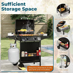 Happygrill 2 + 1 Burner Propane Gas Grill, 30,000 BTU Outdoor Cooking Grill with Storage Shelves & Porcelain-Enameled Grates, Portable BBQ Grills on Wheels w/Thermometer for Backyard, Camping & Picnic
