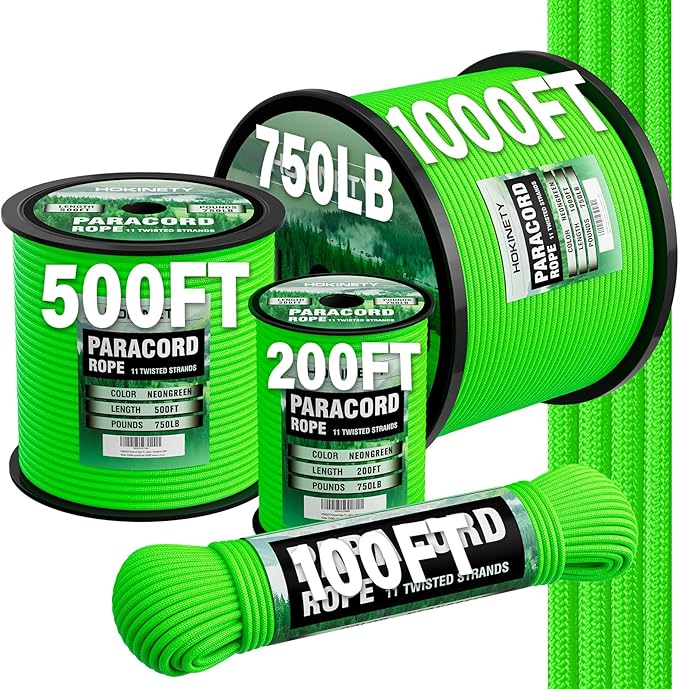 Paracord Rope 750 - Parachute para Cord 4mm 11 Strand Spool Rope Utility Nylon String for Outdoor Camping Survival Utility Tent Crafting DIY Projects - Neongreen 200ft