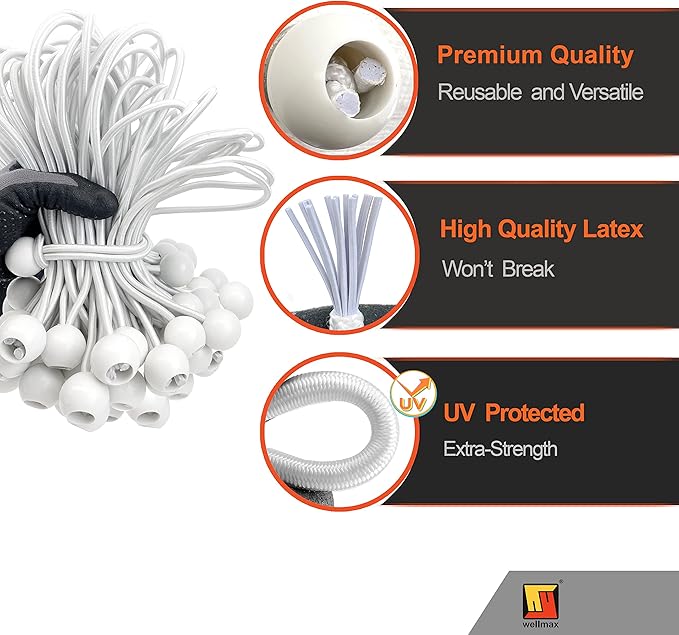 9 inch 50 Piece Heavy Duty 5mm Ball Bungee Canopy Cord by Wellmax, White Color