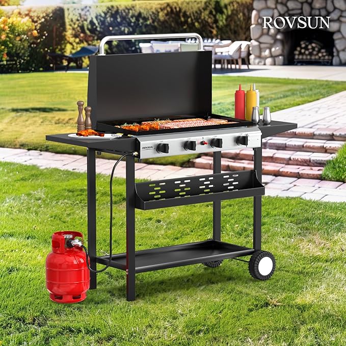 ROVSUN 4 Burner Portable Propane Griddle with Electronic Ignition, 40000 BTU Rolling Flat Top Gas Grill with Enameled Tray & Lid, Side Shelves & Regulator for Outdoor Cooking Camping BBQ Tailgating
