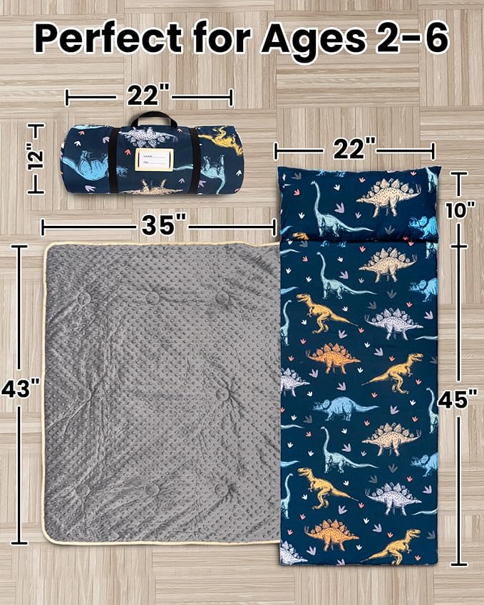 Primlect Toddler Thickened Foam Nap Mat with Pillow, Extra Large 55"x35", Soft, Supportive Sleeping Bag with Detachable, Washable Cover, for Sleepover, Home, Travel, Boys and Girls