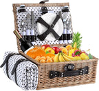 Picnic Basket for 4 Persons with Waterproof Picnic Blanket and Insulated Cooler, Large Wicker Picnic Basket for Camping, Outdoors, Valentine's Day, Christmas, Birthday, Wedding Gift