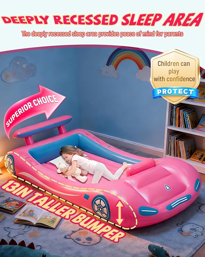 Vikua Inflatable Toddler Travel Bed with Safety Bumpers & Quick-Inflating Pump, Portable Blow Up Air Mattress for Kids with Carry Bag, for Home, Travel, Camping, Sleepovers, 330lbs Support (Pink)