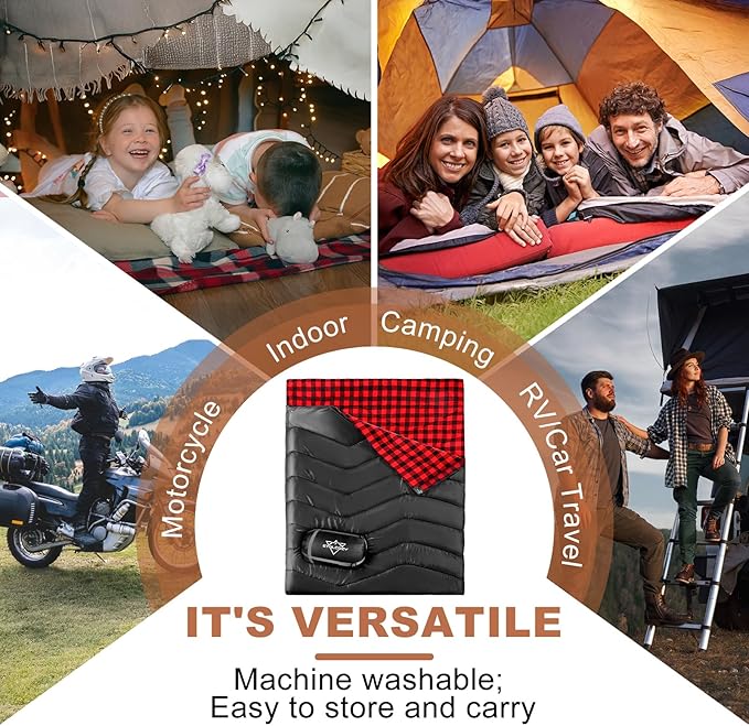 XL Queen Size 2 Person Double Sleeping Bag for Adults, Lightweight Compact with Flannel Liner & Thermolock Draft Tube, Machine Washable All Season Camping Travel