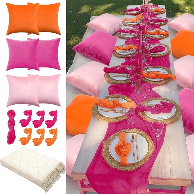 91 x 71 Extra Large Outdoor Boho Picnic Blanket with Tequila Table Runner, 6 Throw Pillow Covers 6 Napkins Woven Cotton Yarn Oversize Beach Blanket Washable Picnic Camp Wedding