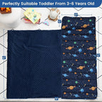 PHF Toddler Nap Mat with Removable Pillow and Minky Fleece Blanket, Rollup Design Warm Slumber Bags for Boys, 52"x20"x2" Kids Sleeping Bag for Daycare Preschool Travel Camping, Space