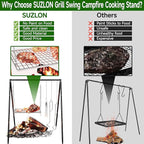 Campfire Tripod for Cooking, Portable & Collapsible Camping Cooking Tripod Grill with Round Grate for BBQ Picnic Outdoor Cookware Party (Swing Campfire Grill Stand)