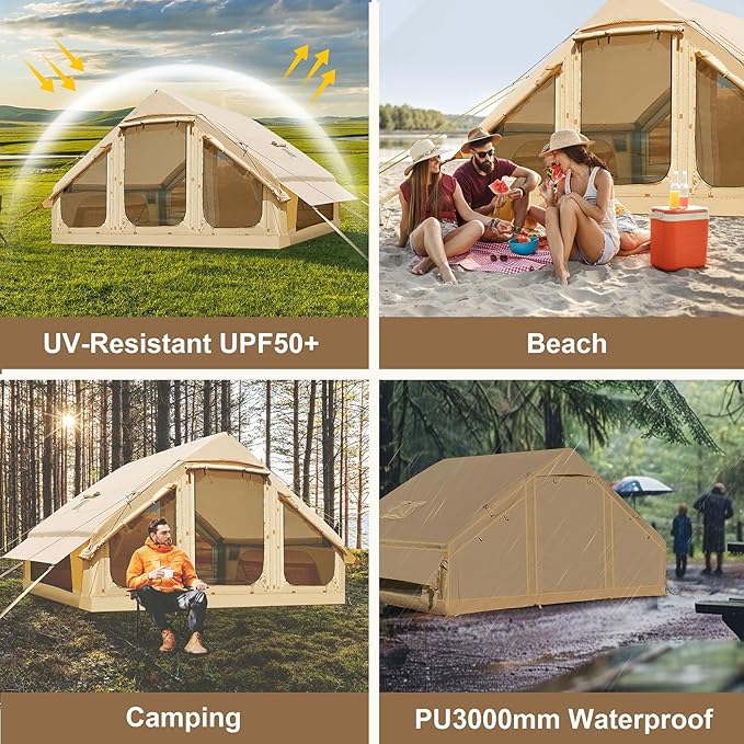 Inflatable Tents for Camping, Blow Up Tent with Hand Pump, Easy Setup Inflatable Hot Tent with Stove Jack, Waterproof Oxford Air Glamping Tents for Camping Adult 4 Person Upgrade Version