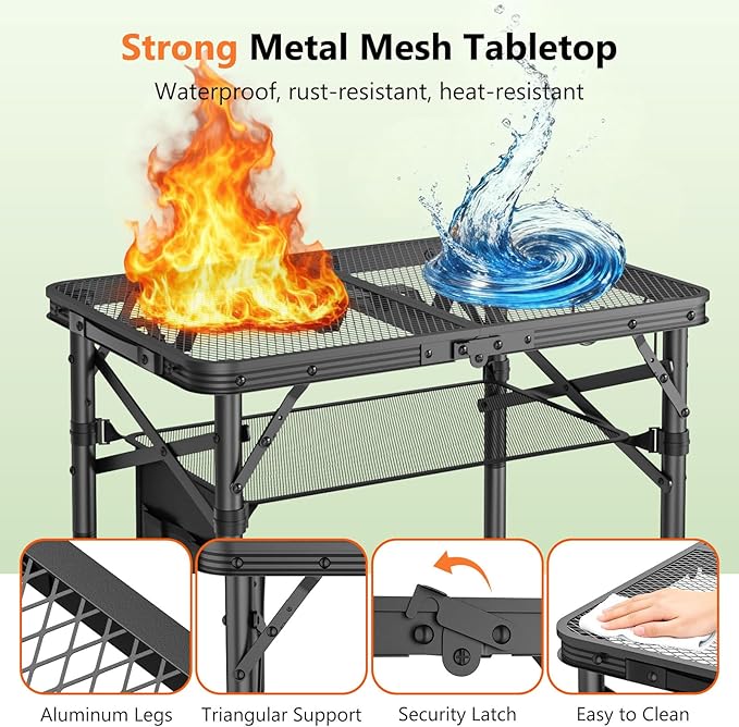 Folding Grill Table for Outside, 3 Height Adjustable Small Camping Table with Mesh Bag, Metal Aluminum Folding Table, 23.62 x 15.75 inches, Portable Grill Stand for Picnic, Camping, BBQ, Beach, Black