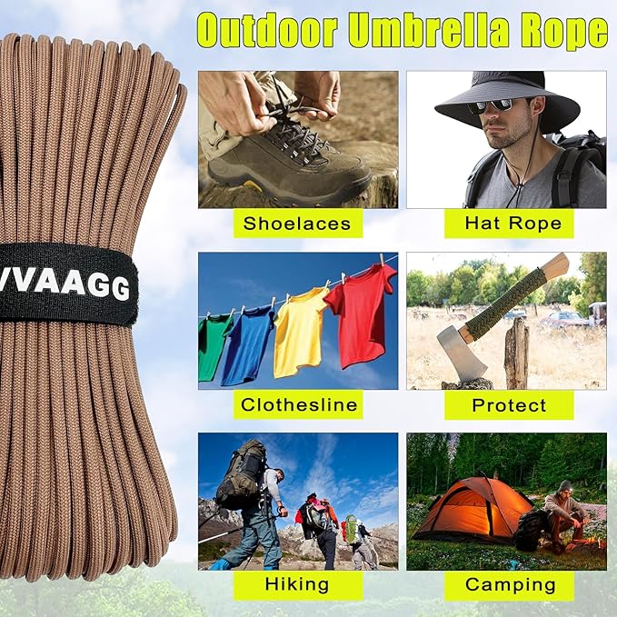 VVAAGG 1000 Tan Paracord100FT Utility Parachute Cord 4mm Nylon String12 Strand Nylon Camping Rope, Tent Rope, Clothsline Rope for Survival & Camping Gear