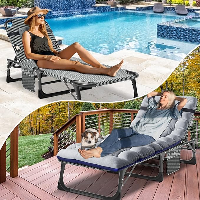 ABORON Patio Lounge Chair, Folding Guest Bed Cot for Adults, 500LB Heavy-Duty Capacity, Portable Extra Bed with Comfort Mat, Quick Fold Design for Indoor Guest Stays & Temporary Use