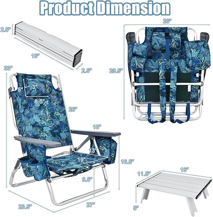 Giantex Folding Beach Chair, Patio Sling Chairs with 5 Adjustable Position, Head Pillow, Storage Bag, Towel Bar, Cup Holders, Backpack Chairs for Sunbathing, Camping Chair