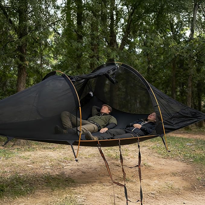 Night Cat Triangle Hammocks 2-Persons: Lay Flat 3 Point Hammock Tent with Bug Net Rainfly 13ft 440 LBS