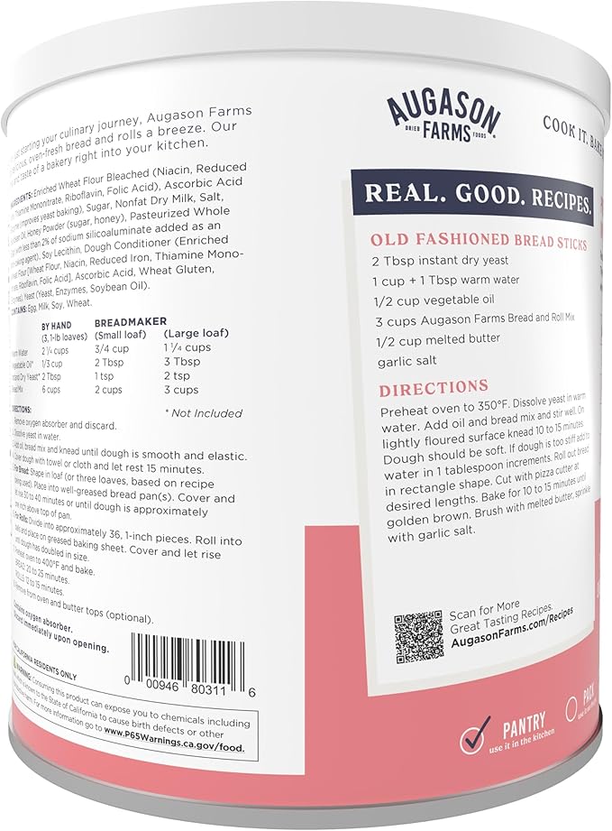 Augason Farms Bread and Roll Mix Can Emergency Food Supply,48 Servings,10 Year Shelf Life - Makes 6 Loaves or 72 Bread Rolls for Prepared Meals Ready to Eat,(Pack of 3)