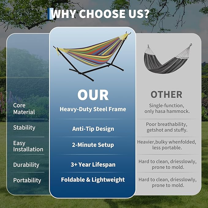 Double Hammocks with Stand for Outside, Portable Space Saving Heavy-Duty Steel Stand for Indoor Outdoor Patio with Carrying Bag, 450 lbs Capacity (Rainbow Stripes)
