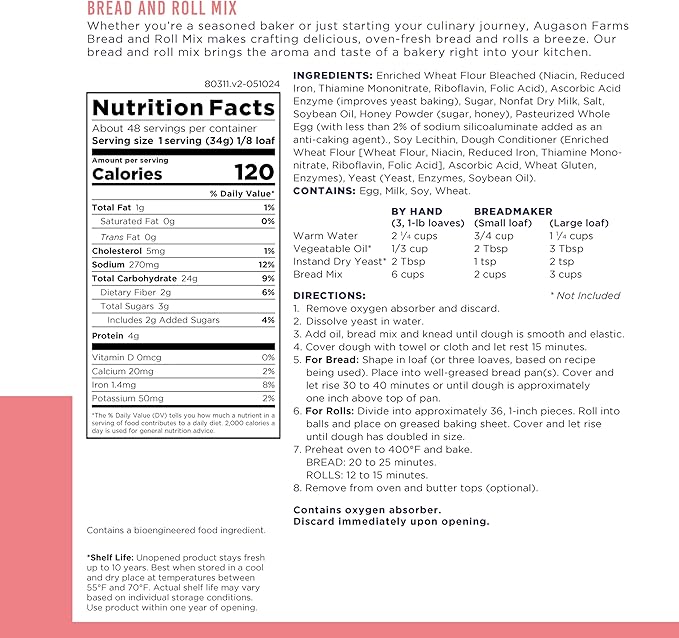 Augason Farms Bread and Roll Mix Can Emergency Food Supply,48 Servings,10 Year Shelf Life - Makes 6 Loaves or 72 Bread Rolls for Prepared Meals Ready to Eat,(Pack of 3)