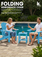 KINGYES Folding Adirondack Chair with Dual Cup Holders - HDPE All-Weather Outdoor Chairs, Wood-Like Patio Chair for Backyard, Camping, Pool & Fire Pit, Light Blue
