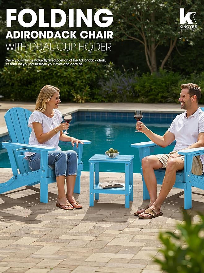 KINGYES Folding Adirondack Chair Set of 2, Dual Cup Holders & All-Weather HDPE, Wood-Like Patio Chair for Backyard, Camping, Pool & Fire Pit, Light Blue