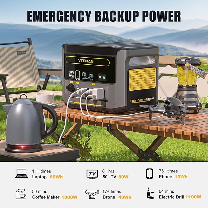 VTOMAN FlashSpeed 1000 Solar Generator 1000W/828Wh with 110W Solar Panel - LiFePO4 Battery, Expandable to 2376Wh, IP67 Waterproof Solar Charging for Extended Off-Grid, Home Backup, Camping, RV