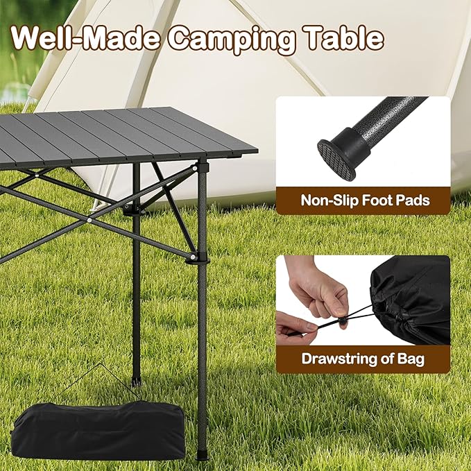 Giantex Folding Roll-up Camping Table, Outdoor Lightweight Aluminium Table for 4, Portable Square Table with Carry Bag for Picnic, Hiking, BBQ, Beach, Tailgating (28"x28"x27.5",Black)