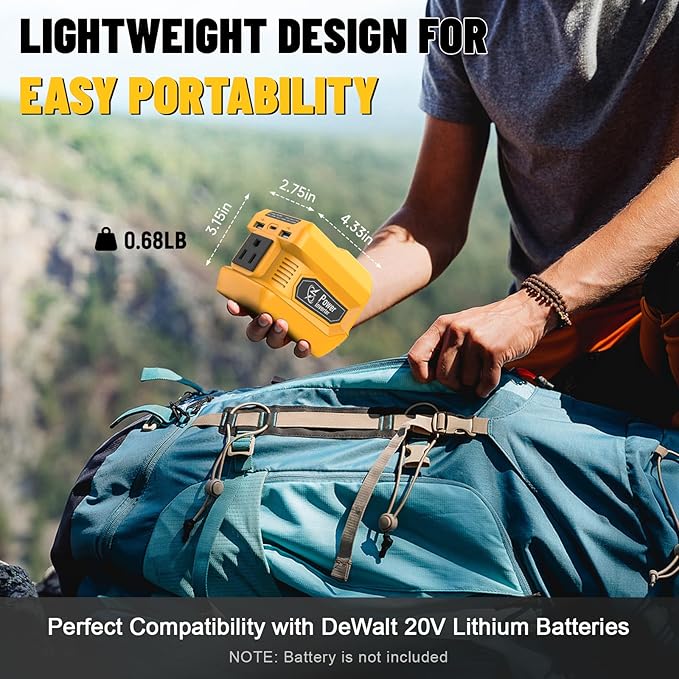 220W Power Inverter Compatible with Dewalt 20V Battery(Battery not Included), DC 20V to AC 110V, 2 USB Ports & 1 Type-C Fast Charging, 400LM LED Work Light