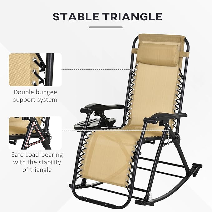 Outsunny Outdoor Rocking Chairs, Foldable Reclining Zero Gravity Lounge Rocker with Pillow, Phone & Cup Holder, Combo Design with Folding Legs, Beige