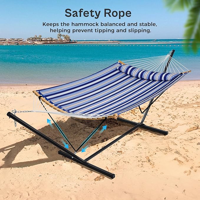 SUPERJARE Hammock with Stand, 2 Person Heavy Duty Hammock with Padded Cotton, Detachable Pillow & Strong Curved-Bar & Portable Carrying Bag, Perfect for Outdoor & Indoor, Navy Blue Stripe