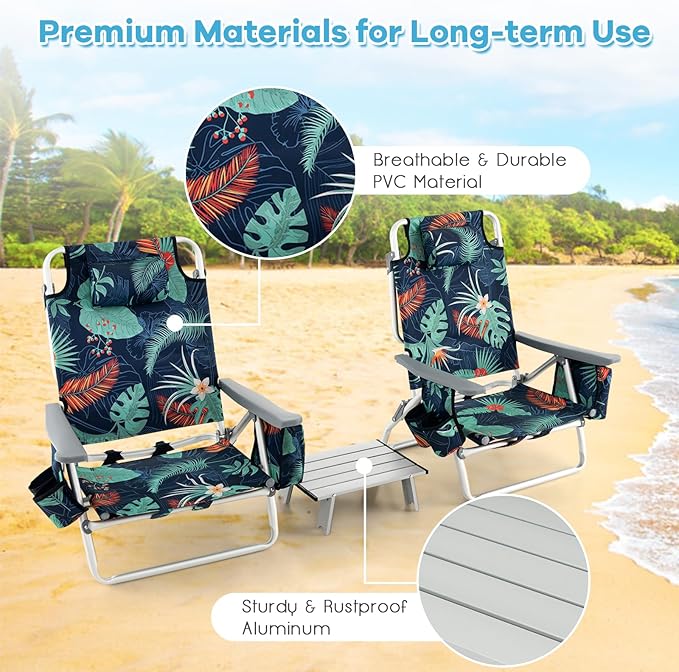 Goplus Beach Chair, Folding Backpack Beach Chairs for Adults with 5 Positions, Head Pillow, Cooler Bag, Towel Bar, Cup Holders, Sunbath Sling Tanning Lounge, Foldable Layout Camping Chairs