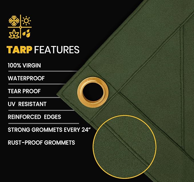 PROTARP Heavy Duty 14 OZ Water Resistant Canvas Tarp, UV Resistant Tarpaulin Cover with Rustproof Brass Grommets, Multipurpose for Canopy, Roof, Camping, Woodpile (Olive 20'X20')