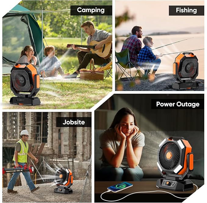 40000mAh Camping Fan, 8 Speed Powerful Battery Powered with 120H Max Cooling, Auto Oscillating with LED Lantern, Portable Rechargeable Fan with Charger, Remote Control for Camping Jobsite Outages